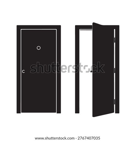A minimalist vector-style illustration featuring two silhouettes: a closed door with a peephole and handle, and an open door swinging inward. Perfect for concepts regarding real estate, home security, new beginnings, privacy, or architectural icons. High-contrast black and white graphic.