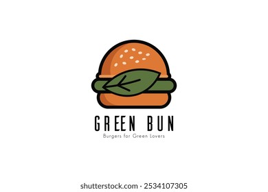 Diseño minimalista del logotipo del camión de comida vegana: hoja verde envuelta alrededor de una hamburguesa con un texto limpio de "bollo verde" para la identidad de la marca del restaurante