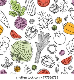 Minimalist vegetables seamless pattern. Linear graphic. Vegetables background. Scandinavian style. Healthy food. Vector illustration