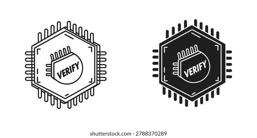 Minimalist verify chip icon with a hexagon shape and pins, designed in bold black and white style for digital and tech use.