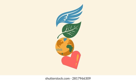 Minimalist vertical composition of nature and love icons representing earth conservation and global peaceful message.