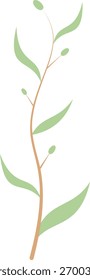 Minimalist vertical decorative element featuring simple brown vine and small green leaf accents
