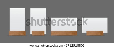 Minimalist Vertical and Horizontal Card Mockup with Wooden Stand – Blank Display Frame for Menu, Table Sign, Poster, and Stationery Design – Vector Illustration