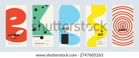 Minimalist vertical posters with bold geometric shapes and abstract patterns in primary colors for modern art and contemporary graphic design projects