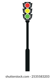 Ilustração vertical minimalista do semáforo com sinais vermelhos, amarelos e verdes sobre fundo cinza, perfeito para os conceitos de transporte e segurança.