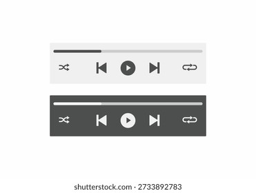 Interface minimalista de vídeo e áudio com os botões play, pause, shuffle e repeat no modo claro e escuro