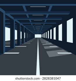 A minimalist view inside a dark concrete tunnel with geometric light patterns on the floor. This modern architectural space conveys a sense of mystery and travel.