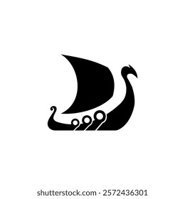 A minimalist Viking boat logo with a sail and shield details, representing Norse mythology, Nordic sea exploration, and medieval history.