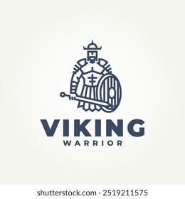 minimalist viking nordic warrior line art icon logo vector illustration design. simple modern barbarian man with horn helmet, sword, and shield logo concept