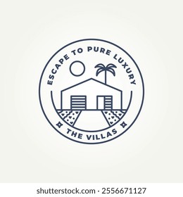 minimalist villa tropical beach line art icon logo vector illustration design. simple modern rental vacation house logo concept