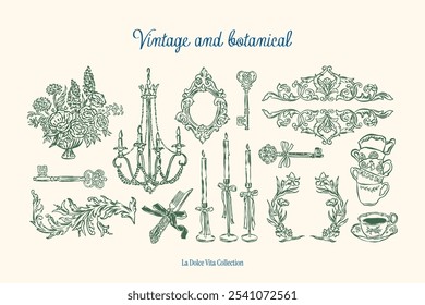 Minimalist vintage botanical vector illustration collection. Art for greeting cards, wedding invitations, poster design, postcards, branding, logo design, background.	