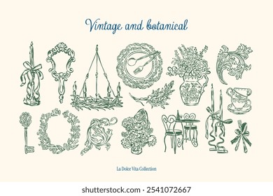 Colección de Ilustración vectorial botánica vintage minimalista. Arte para tarjetas de felicitación, invitaciones de boda, diseño de carteles, postales, marca, diseño de logotipo, fondo.	