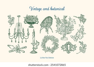 Minimalist vintage botanical vector illustration collection. Art for greeting cards, wedding invitations, poster design, postcards, branding, logo design, background.	