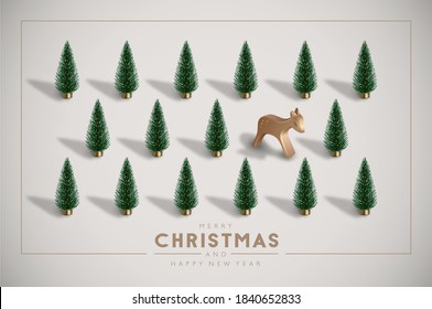  Minimalist Vintage Christmas postcard with plastic Christmas trees and wooden toy deer