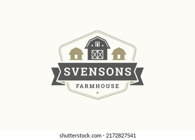 Minimalist vintage farmhouse logo design template ranch building countryside exterior in shield vector illustration. Premium farm local market emblem rural house livestock organic food production mark