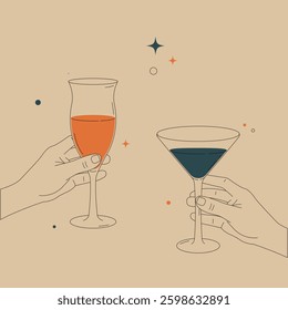 Minimalist vintage line drawing in the style of "hands holding" depicting two hands holding elegant cocktail and champagne glasses on a beige background. Stylish and perfect for branding, menus and de