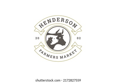 Minimalist vintage livestock circle logo design template with ribbon farm market fresh organic meat vector illustration. Retro emblem agricultural industrial business rooster pig and cow animal heads