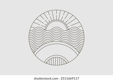 A minimalist vintage outline of mountains, waves, sun, and moon. This design embodies nature's eternal cycle, capturing earth, sea, and sky in a simple yet powerful composition