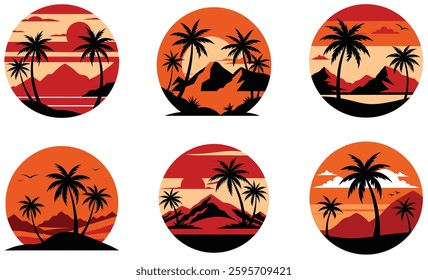 Minimalist vintage sunset T-shirt with palm trees and mountains. A stylish tropical beach tee for those who love travel, nature, and warm retro vibes.