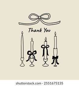 Minimalist vintage vector illustration with candles, bow and quote thank you. Hand drawn clipart for holiday greeting card and invitations