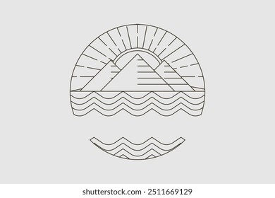 A minimalist vintage-inspired logo featuring mountains, waves, sun, and moon in a clean line art outline, celebrating the eternal beauty of the natural world