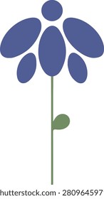 Minimalist violet blue flower vector illustration featuring geometric oval petals arranged in a fan shape, topped with a circular bud, attached to a straight green stem with a single leaf.