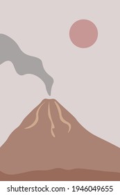 Minimalist volcano poster. Modern abstract poster with eruption volcano. Prehistoric landscape poster. Flat mountains landscape.
