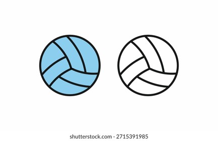 Minimalistisches Volleyball-Vektorsymbol-Set mit hellblau gefüllten und schwarzen Umrissdesigns für Sport-Logos und Sportgeräte-Branding