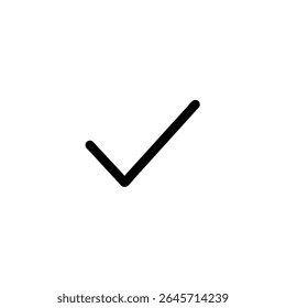 Marca de seleção em forma de V minimalista com um braço direito mais longo, renderizado em um traçado monolínico preto preciso de 1,5 px. Design de vetor 2D plano, isolado em branco.