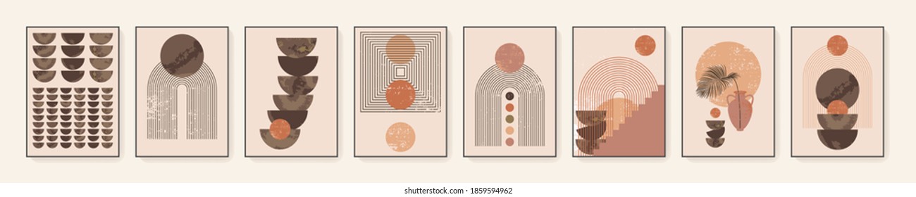 Minimalist wall art. Abstract geometric prints for boho aesthetic interior. Home decor wall prints. Burnt orange, terracotta colors. Sun, rainbow and clay pots. Contemporary artistic printable vector - Shutterstock ID 1859594962