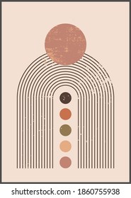 Minimalist wall art. Abstract geometric print. Boho aesthetic interior home decor. Neutral colors wall print. Grungy organic texture, geometric shapes, lines, circles. Contemporary printable vector