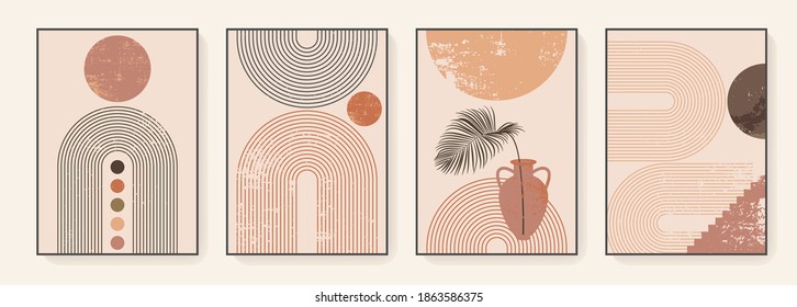 Minimalist Wall Art. Abstract Geometric Prints For Boho Aesthetic Interior. Home Decor Wall Prints. Burnt Orange, Terracotta Colors. Abstract Sun And Rainbow. Contemporary Artistic Printable Vector