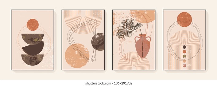 Minimalist wall art. Abstract geometric prints for boho aesthetic interior. Home decor wall prints. Burnt orange, terracotta colors. Sun, rainbow and clay pots. Contemporary artistic printable vector - Shutterstock ID 1867291702