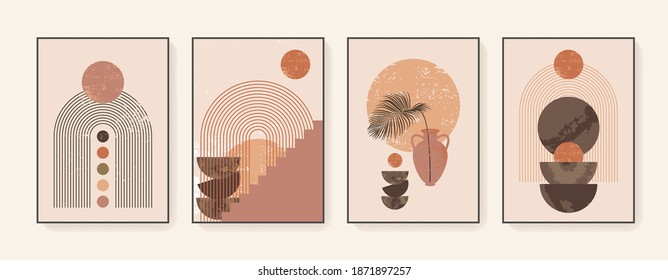 Minimalist wall art. Abstract geometric prints for boho aesthetic interior. Home decor wall prints. Burnt orange, terracotta colors. Sun, rainbow and clay pots. Contemporary artistic printable vector