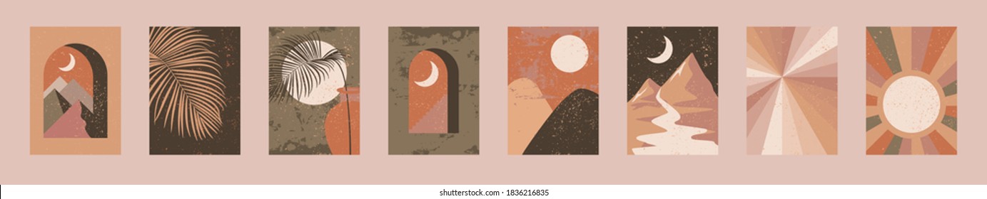 Minimalist wall art. Abstract landscapes for boho esthetic interior. Home decor wall prints. Burnt orange, terracotta colors, mustard hues. Sun and moon. Contemporary artistic printable EPS10 vector