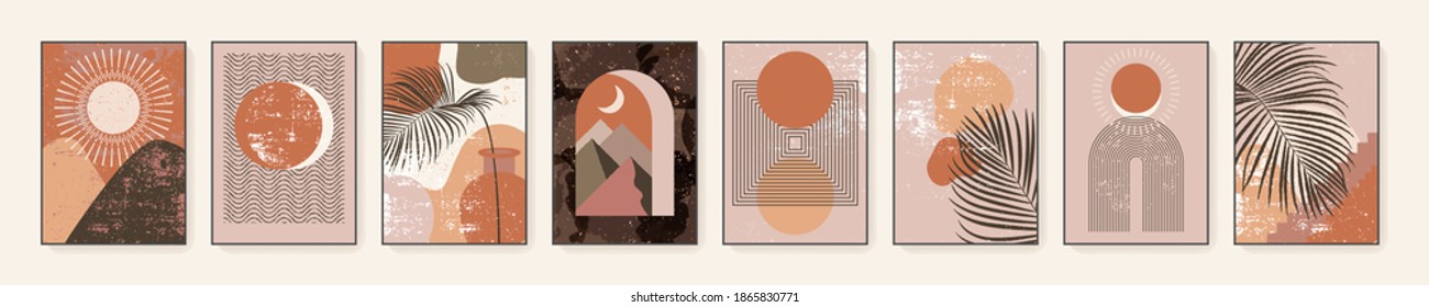 Minimalist wall art. Abstract landscapes for boho aesthetic interior. Home decor wall prints. Burnt orange, terracotta colors, mustard hues. Sun and moon. Contemporary artistic printable EPS10 vector