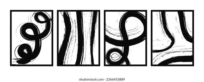 Minimalist wall art featuring black paintbrush strokes creating aesthetic turns on a white canvas. Ideal for modern living room and home wall decoration.
