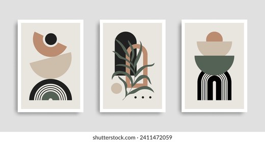 Minimalist wall art set. Contemporary posters with geometric shapes in style boho. Collection wall prints for home decor in pastel colors. Vector illustration. Design for print poster, cover.