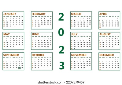 Minimalist wall calendar for office, business. Each month of the year in its own frame in green. Vector illustration, isolated