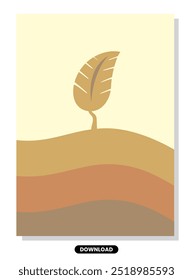 Un diseño minimalista de decoración de pared con un símbolo de hoja central, presentado en tonos cálidos y terrosos de marrón, naranja y beige. El fondo muestra suaves ondas de color, evocando un paisaje natural.