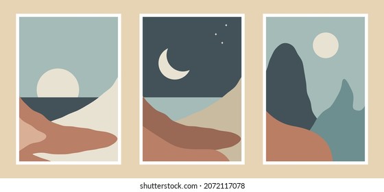 Minimalist Wall decor vector sun and moon in the beach and mountain with simply art