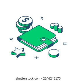 Minimalist wallet cash money dollar for banking financial payment business commercial 3d icon isometric vector illustration. Billfold accessory for currency carrying storage economy income wealth