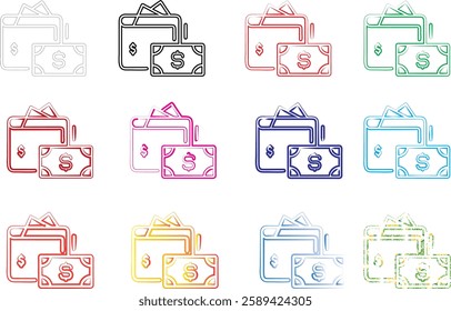 Minimalist wallet icons, money symbols, simple line drawings, colorful outlines, various hues, financial pictograms, flat design, currency signs, compact illustrations, repeated patterns, geometric sh