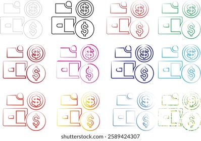 Minimalist wallet icons, money symbols, simple line drawings, colorful outlines, various hues, financial pictograms, flat design, currency signs, compact illustrations, repeated patterns, geometric sh