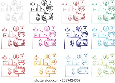 Minimalist wallet icons, money symbols, simple line drawings, colorful outlines, various hues, financial pictograms, flat design, currency signs, compact illustrations, repeated patterns, geometric sh