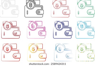 Minimalist wallet icons, money symbols, simple line drawings, colorful outlines, various hues, financial pictograms, flat design, currency signs, compact illustrations, repeated patterns, geometric sh