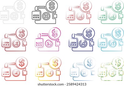 Minimalist wallet icons, money symbols, simple line drawings, colorful outlines, various hues, financial pictograms, flat design, currency signs, compact illustrations, repeated patterns, geometric sh