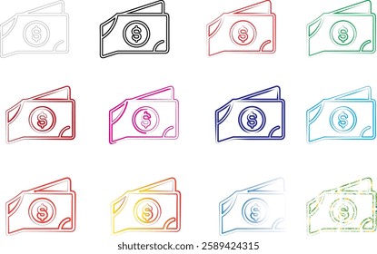 Minimalist wallet icons, money symbols, simple line drawings, colorful outlines, various hues, financial pictograms, flat design, currency signs, compact illustrations, repeated patterns, geometric sh