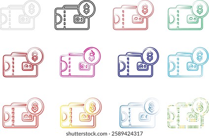 Minimalist wallet icons, money symbols, simple line drawings, colorful outlines, various hues, financial pictograms, flat design, currency signs, compact illustrations, repeated patterns, geometric sh