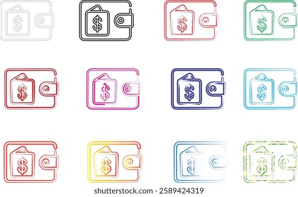 Minimalist wallet icons, money symbols, simple line drawings, colorful outlines, various hues, financial pictograms, flat design, currency signs, compact illustrations, repeated patterns, geometric sh